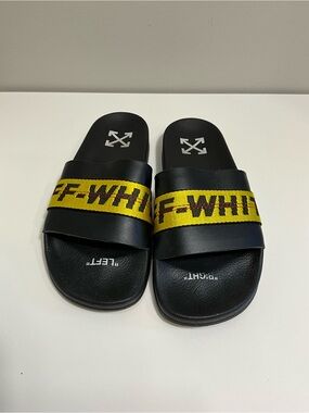 OFF-WHITE Industrial Belt Slides Black Yellow Logo Sandals EU 41 Virgil Abloh